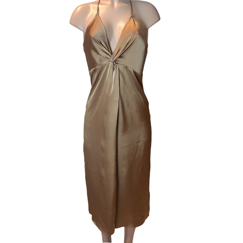 Express Champagne Satin Halter Twist Front Midi Slip Dress Wedding Guest Size M